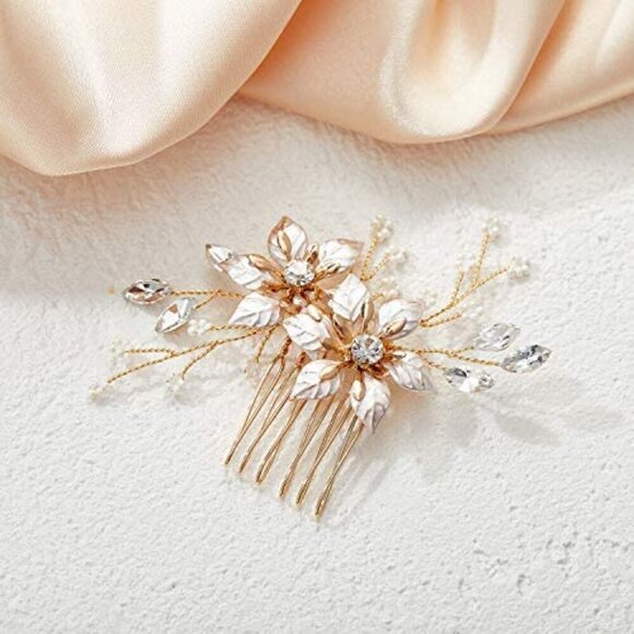 Gold Bridal Hair Comb Handmade Wedding Accessory Floral Rhinestone Women main image 5